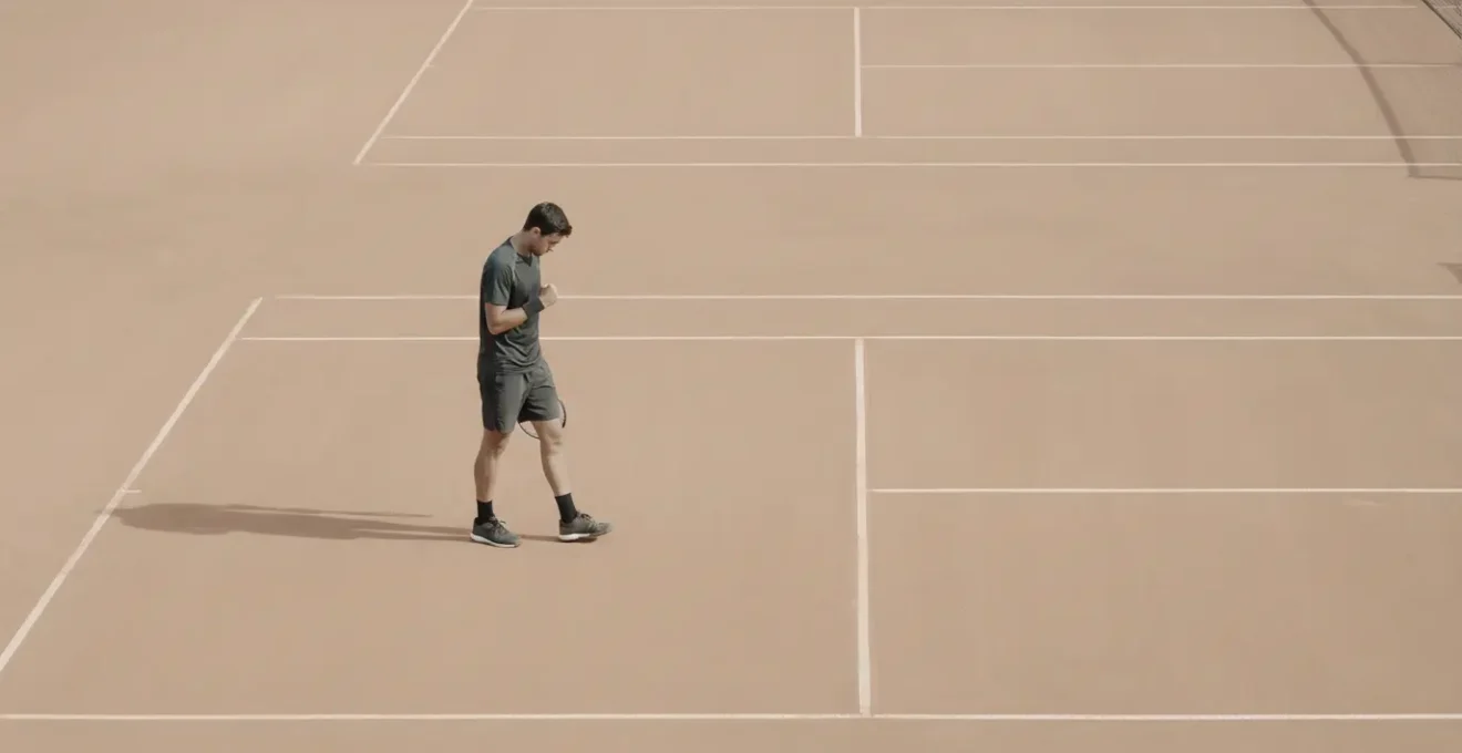 Joueur de tennis serrant le poing vers lui-même dans un geste d'auto-encouragement discret mais intense