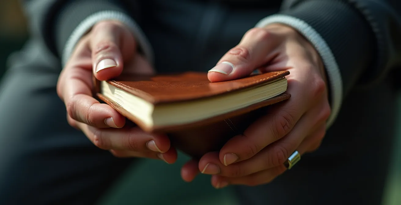 Gros plan sur les mains d'un joueur tenant un carnet de notes tactiques sans texte visible
