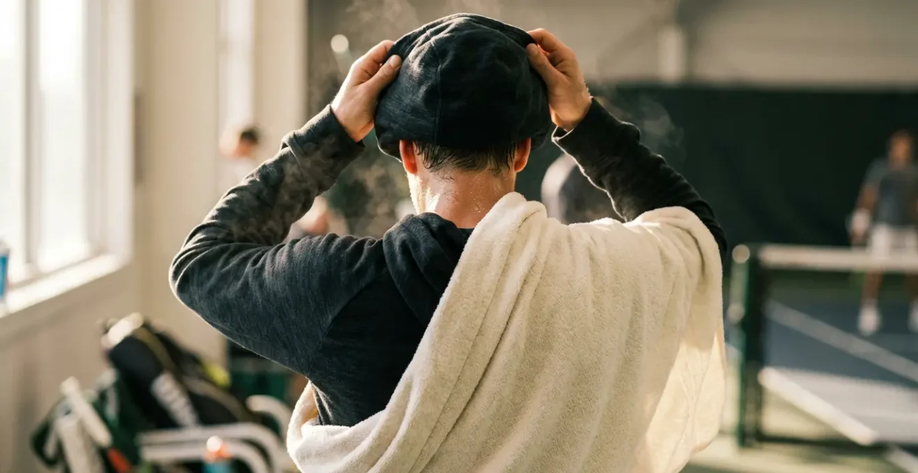 Joueur de tennis en phase de récupération immédiate après match avec équipement de protection thermique