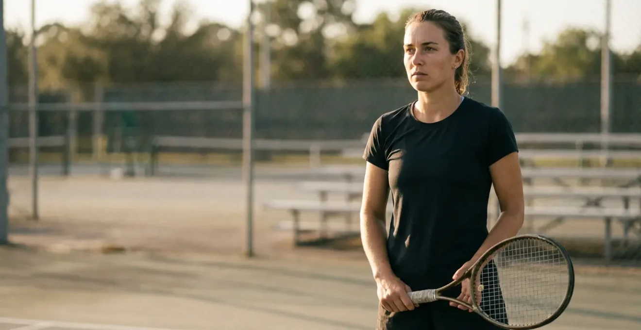 Joueur de tennis avec une posture droite et un regard concentré sur le court, exprimant la détermination mentale