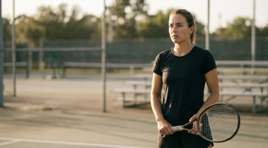 Joueur de tennis avec une posture droite et un regard concentré sur le court, exprimant la détermination mentale