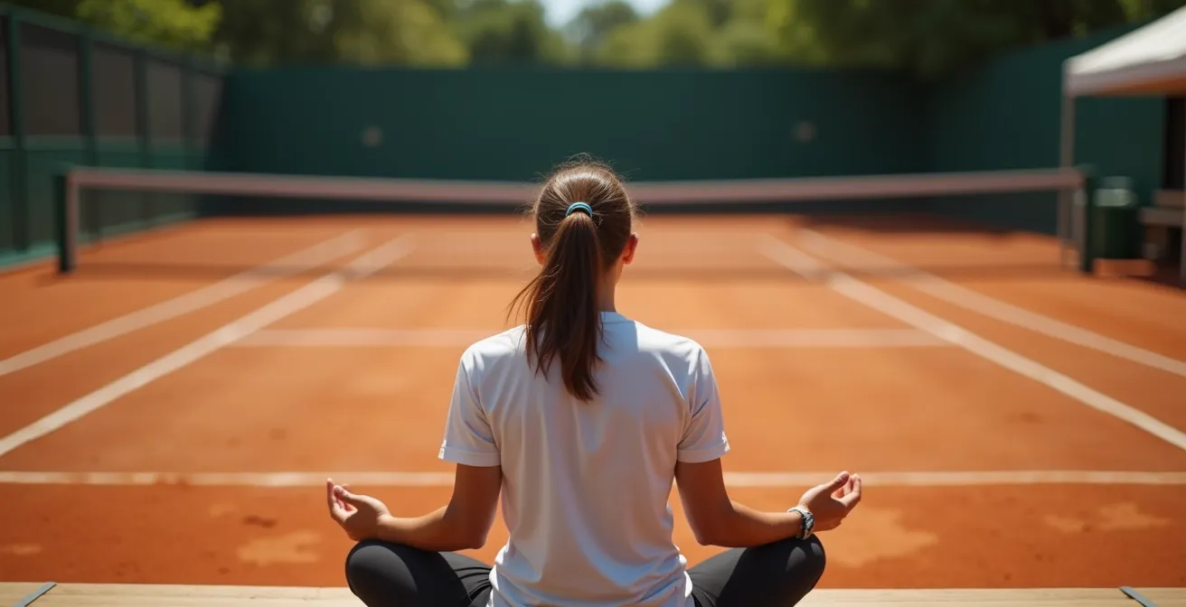 Joueur assis sur sa chaise au changement de côté, pratiquant la respiration consciente, mains posées sur les genoux