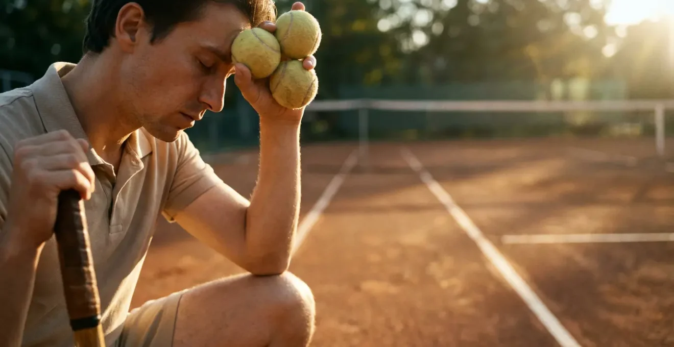 Joueur de tennis en pleine routine mentale avant le service, concentré sur sa balle