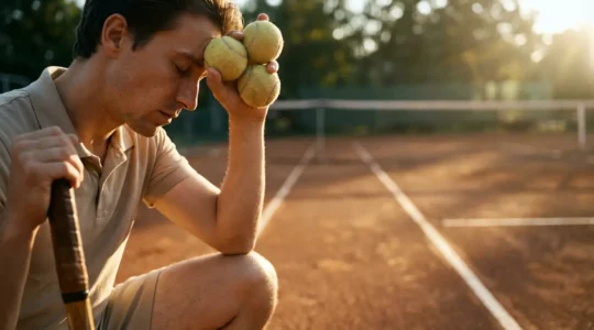 Joueur de tennis en pleine routine mentale avant le service, concentré sur sa balle