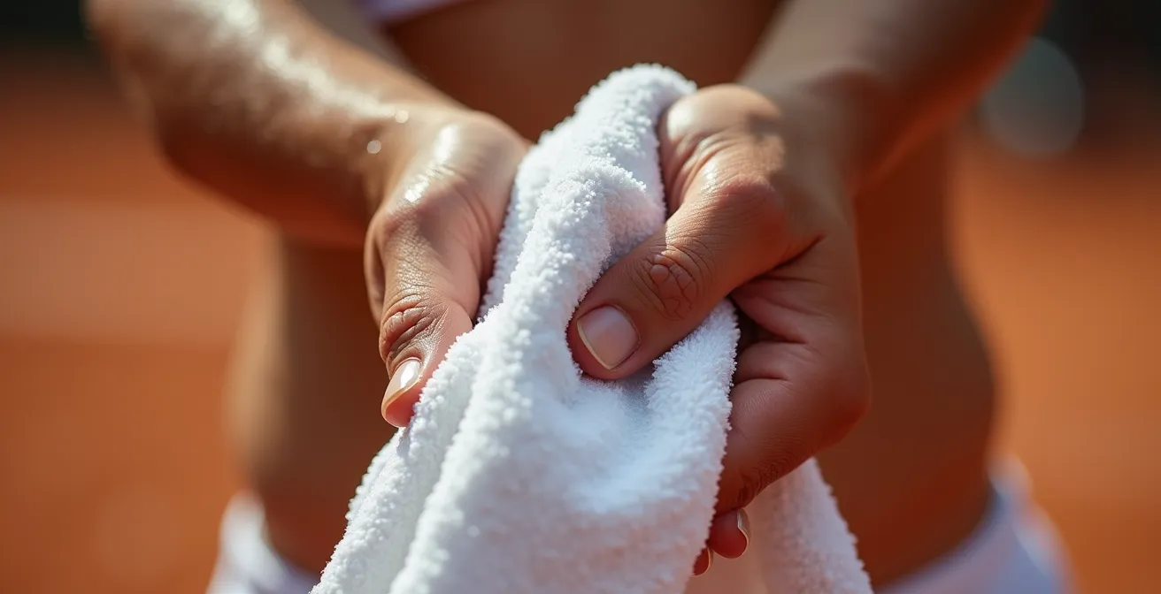 Joueur de tennis utilisant sa serviette pour récupérer entre les points avec posture contrôlée