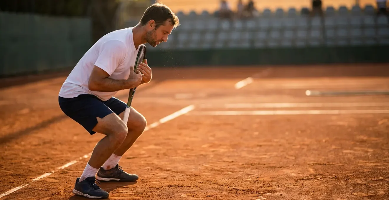 Joueur de tennis en pleine transformation émotionnelle, passant de la frustration à la concentration sur un court en terre battue