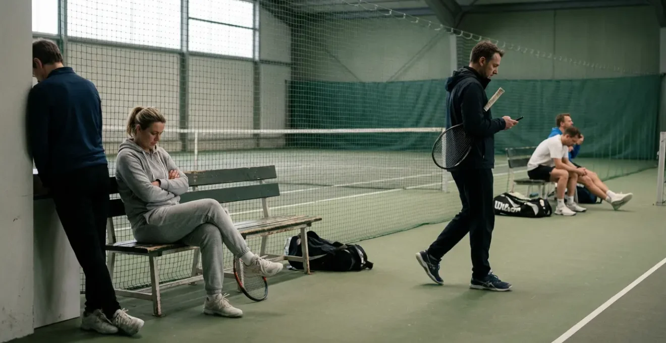 Groupe de joueurs de tennis attendant leur tour sur un court intérieur lors d'un cours collectif