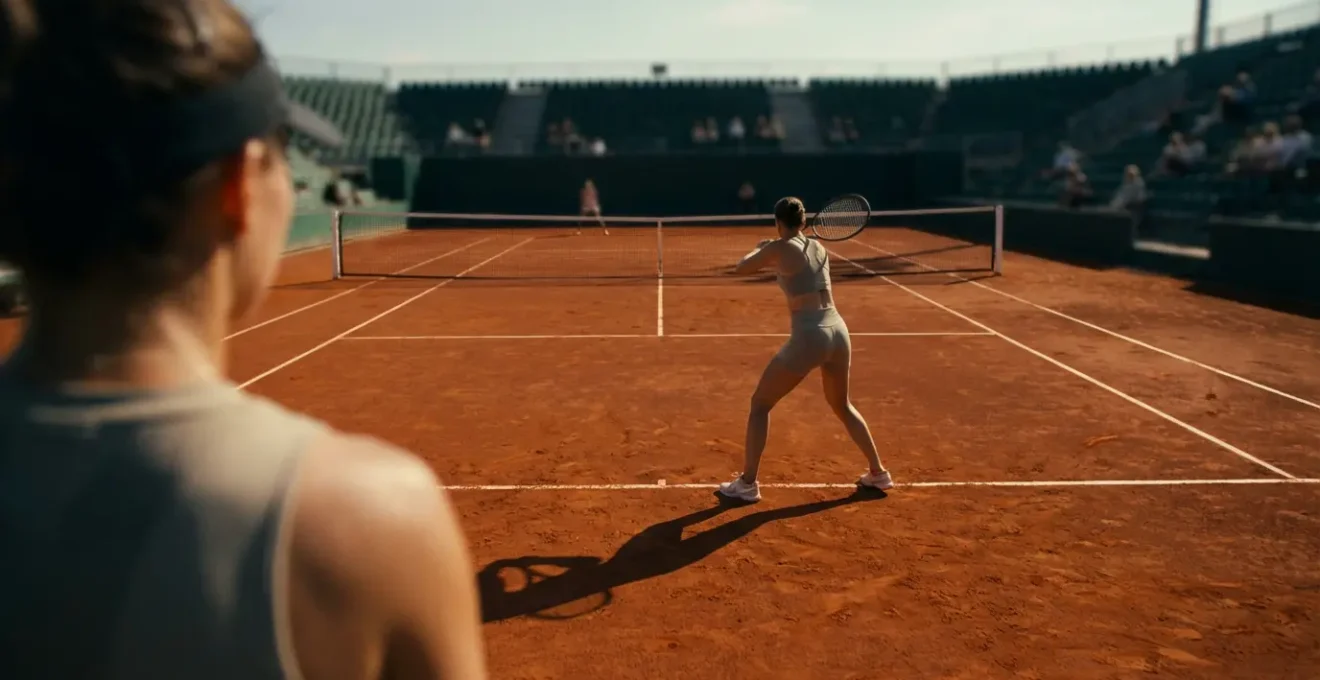 Vue depuis derrière un joueur de tennis observant la préparation de frappe de son adversaire