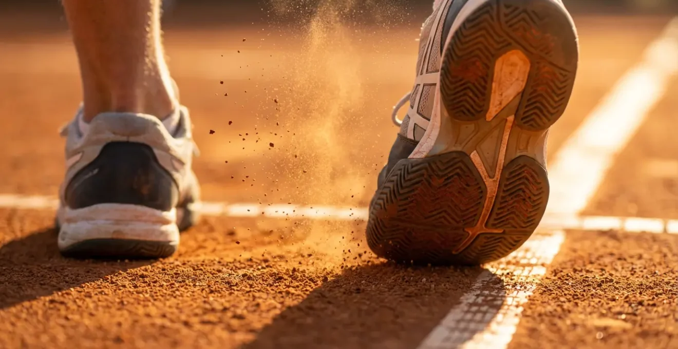 Gros plan sur les pieds d'un joueur de tennis ancrant sa position avant de servir