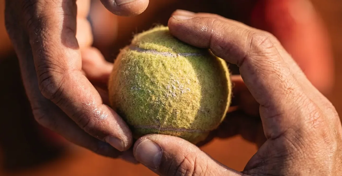 Gros plan sur les mains d'un joueur de tennis faisant rebondir la balle avant de servir