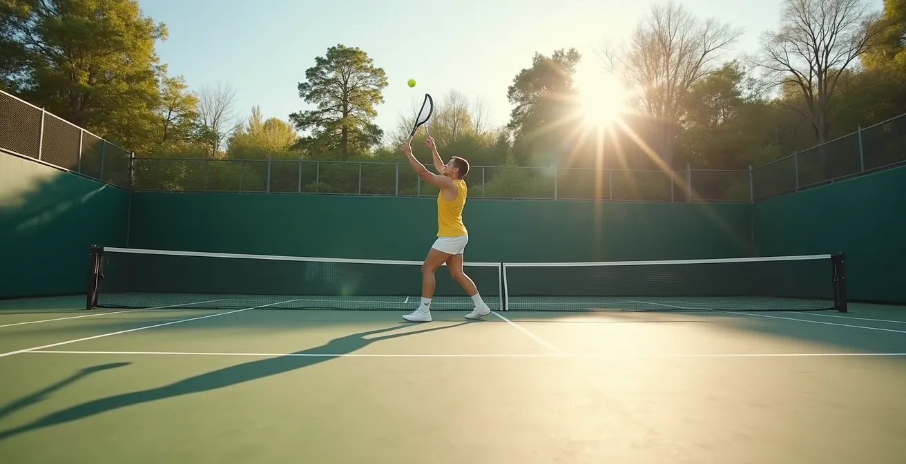 Joueur de tennis en position d'alerte au filet avec raquette haute et posture dynamique