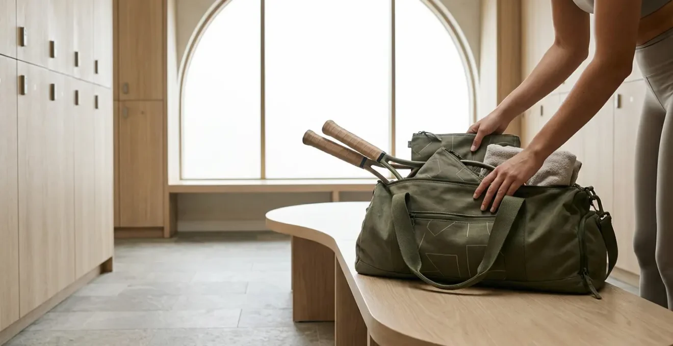 Joueur de tennis concentré préparant méthodiquement son équipement avant un match dans un environnement calme et organisé