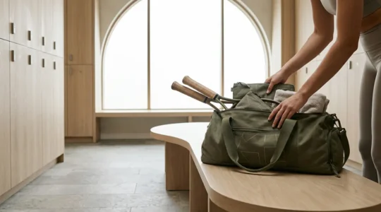 Joueur de tennis concentré préparant méthodiquement son équipement avant un match dans un environnement calme et organisé