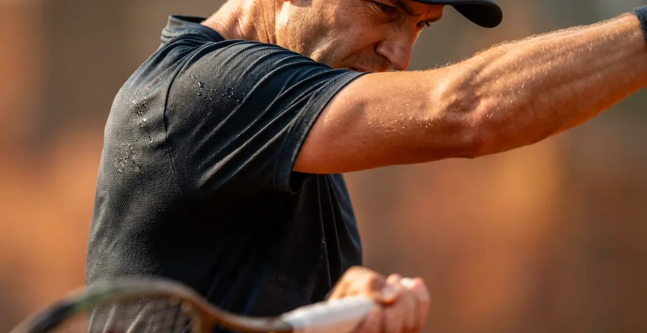 Détail macro de la préparation d'un smash avec focus sur la position du bras libre