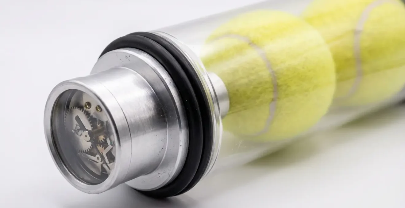 Vue macro d'un pressuriseur de balles de tennis avec détails mécaniques