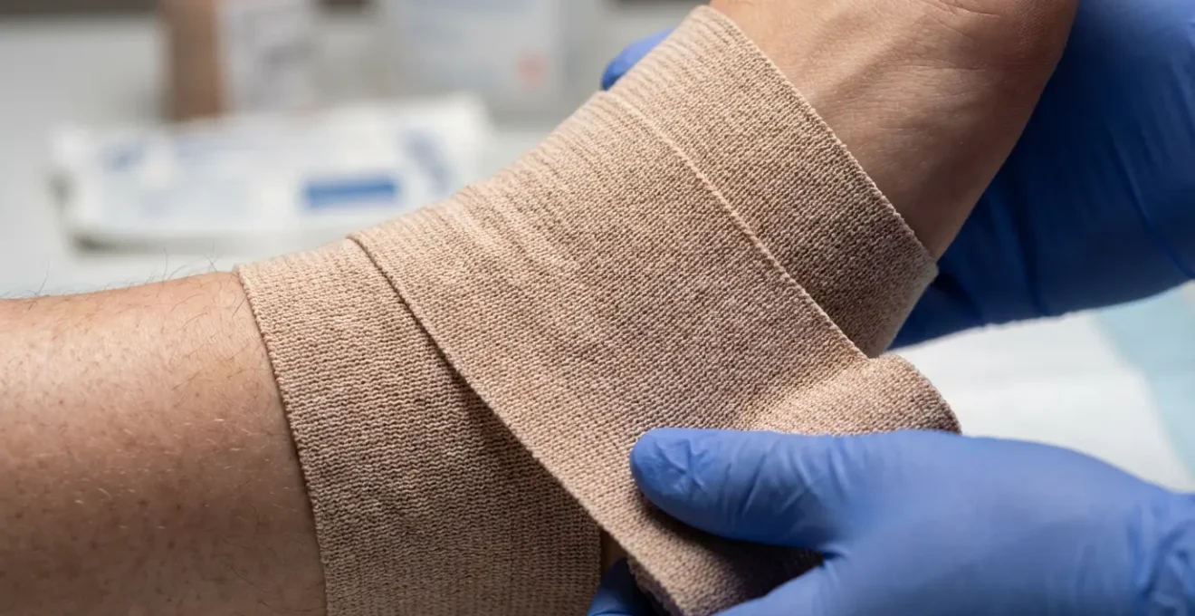 Gros plan sur une main appliquant un bandage sur une cheville de joueur de tennis, matériel médical visible en arrière-plan flou