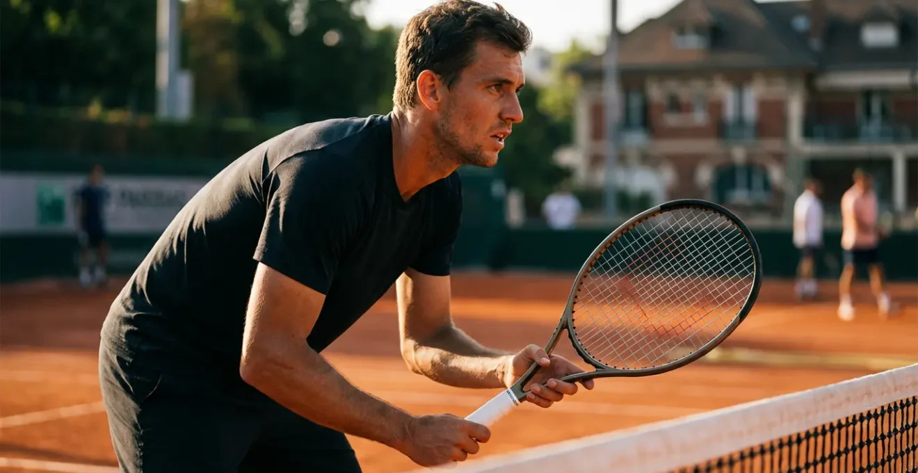 Joueur de tennis en position de volée au filet avec raquette légère, geste compact et précis