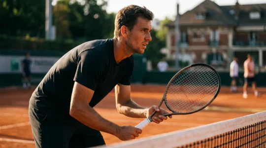 Joueur de tennis en position de volée au filet avec raquette légère, geste compact et précis