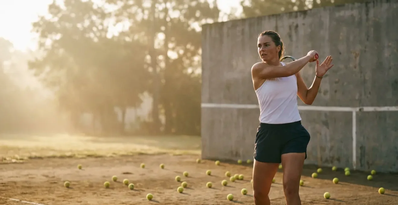 Joueur de tennis s'entraînant seul contre un mur de frappe au petit matin