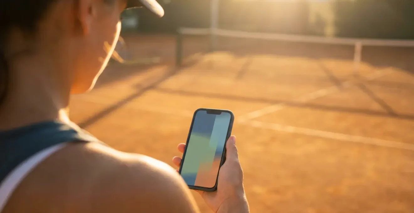 Vue par-dessus l'épaule d'un joueur utilisant une application sur smartphone, court de tennis visible en arrière-plan