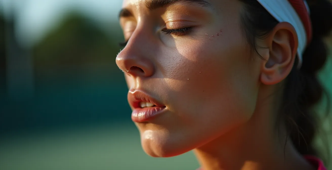 Gros plan sur le visage d'un joueur de tennis pratiquant la respiration contrôlée pendant le changement de côté