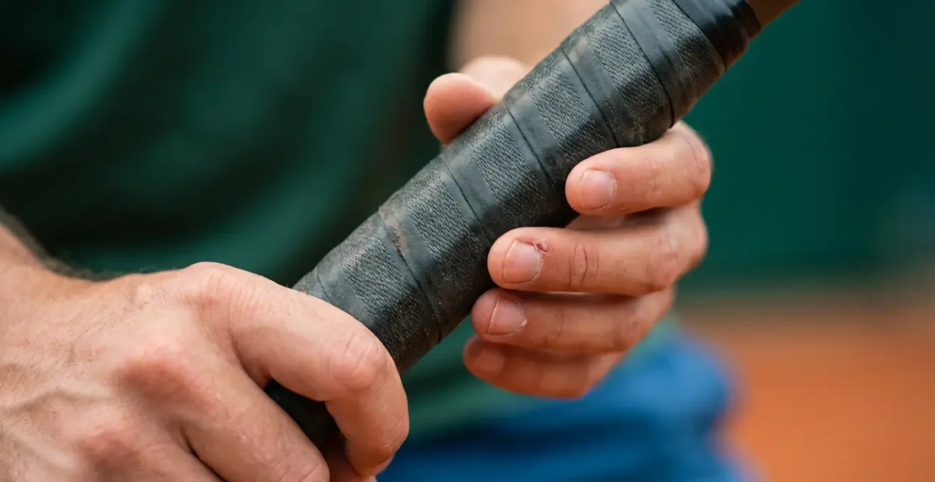Vue rapprochée des mains d'un joueur tenant sa raquette pendant une routine de respiration