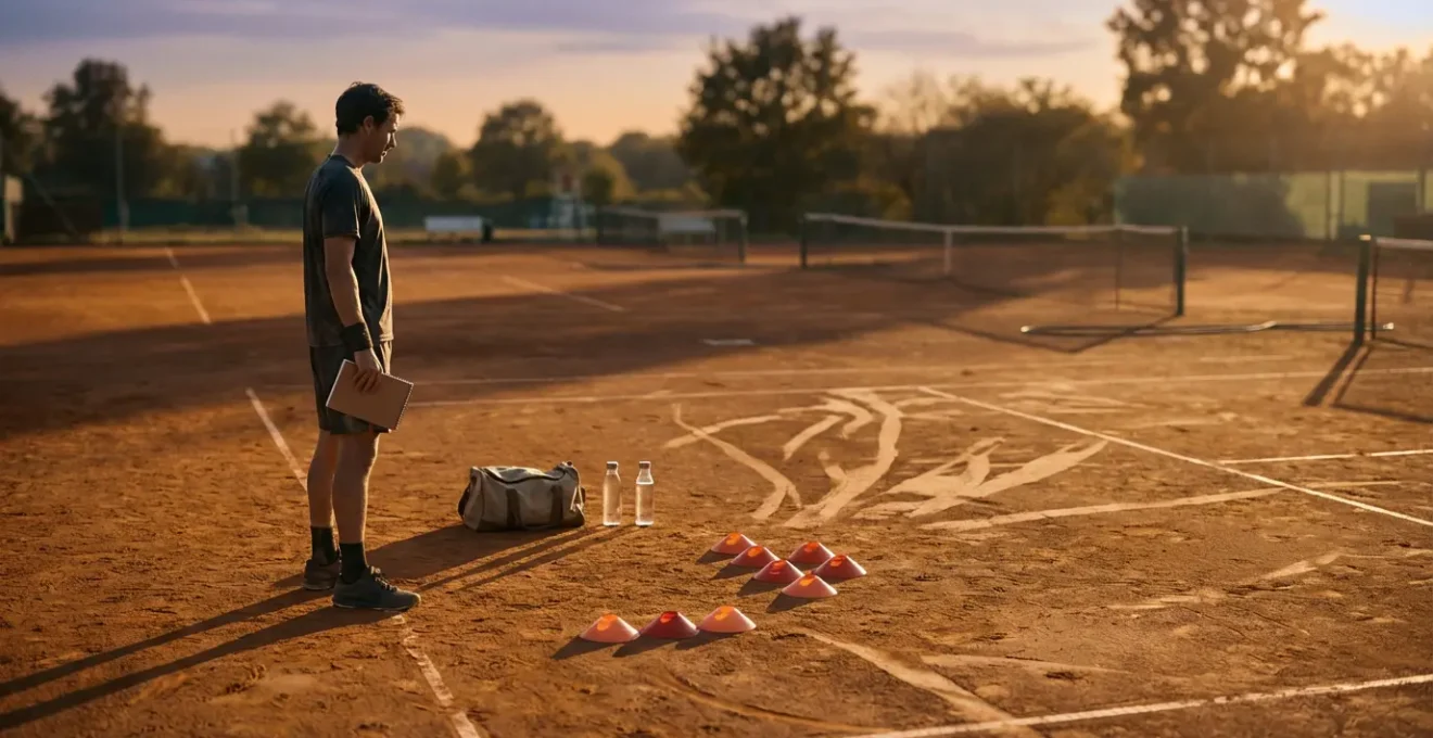 Joueur de tennis seul sur un court au coucher du soleil organisant son entraînement avec carnet et équipements