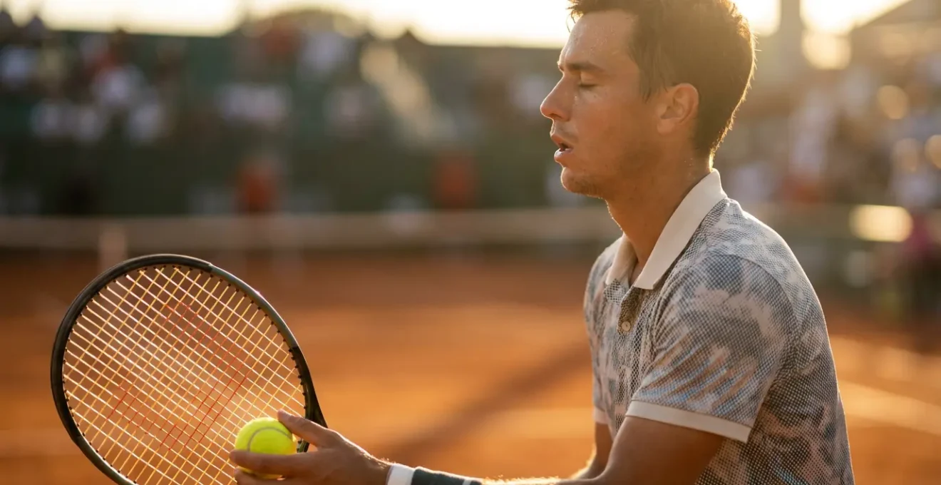 Joueur de tennis en position de service, concentré avant de servir sur une balle de break décisive