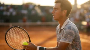 Joueur de tennis en position de service, concentré avant de servir sur une balle de break décisive