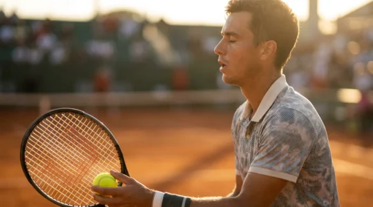 Joueur de tennis en position de service, concentré avant de servir sur une balle de break décisive