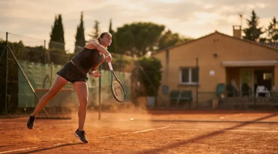 Joueur de tennis exécutant un service parfait sur terre battue avec une fluidité exemplaire