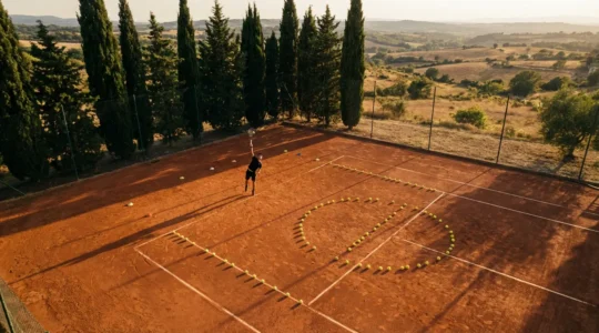 Joueur de tennis concentré sur un court en terre battue durant un entraînement technique intensif