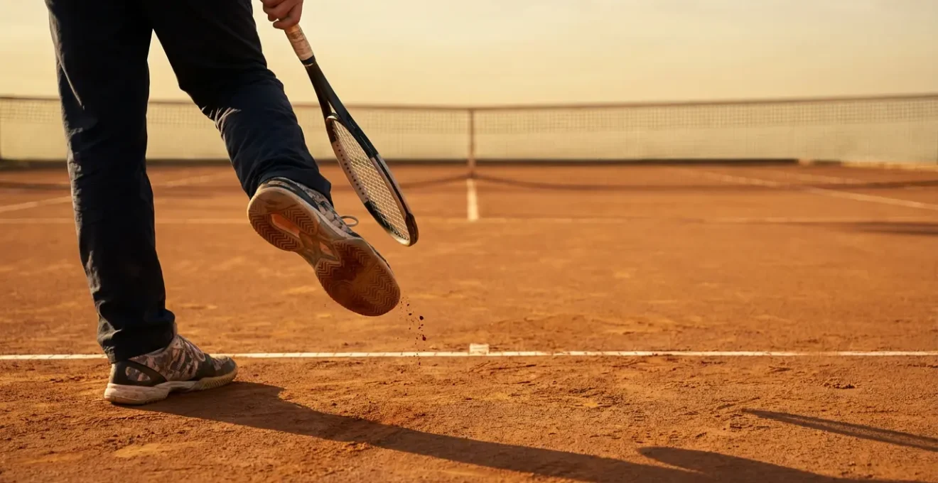 Joueur de tennis tapant sa chaussure avec sa raquette pour évacuer la terre battue accumulée