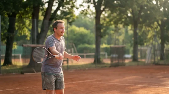 Adulte débutant apprenant le tennis sur un court en terre battue