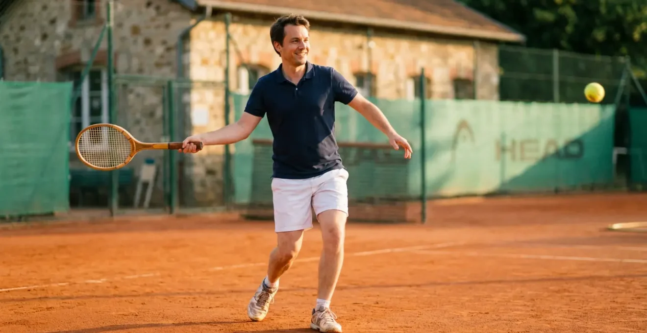 Joueur de tennis amateur en position de coup droit sur terre battue française