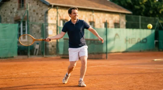 Joueur de tennis amateur en position de coup droit sur terre battue française