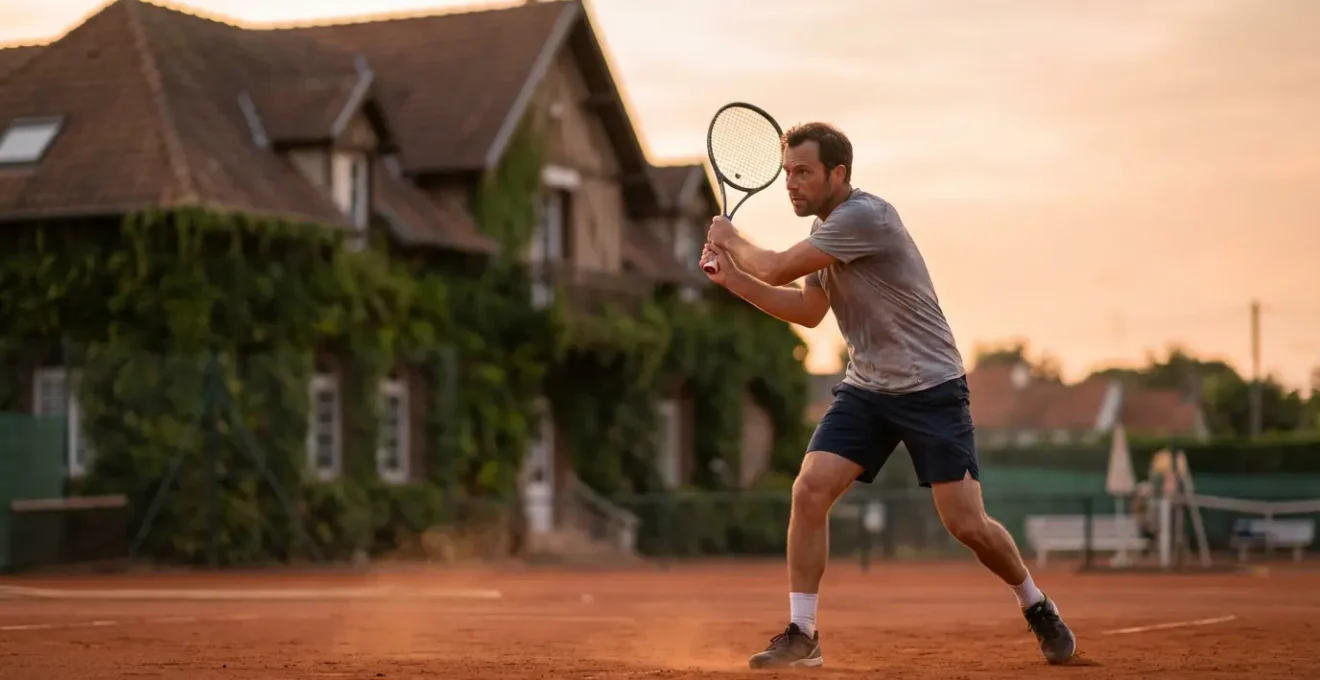 Joueur de tennis de niveau intermédiaire s'entraînant sur court en terre battue en France