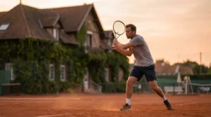 Joueur de tennis de niveau intermédiaire s'entraînant sur court en terre battue en France