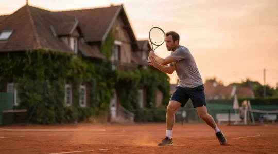 Joueur de tennis de niveau intermédiaire s'entraînant sur court en terre battue en France
