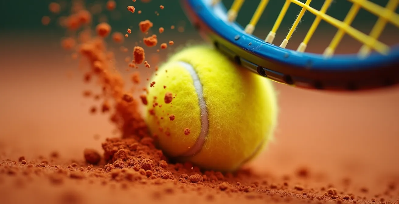 Vue macro détaillée de la tête de raquette passant sous la balle pour créer l'effet lifté