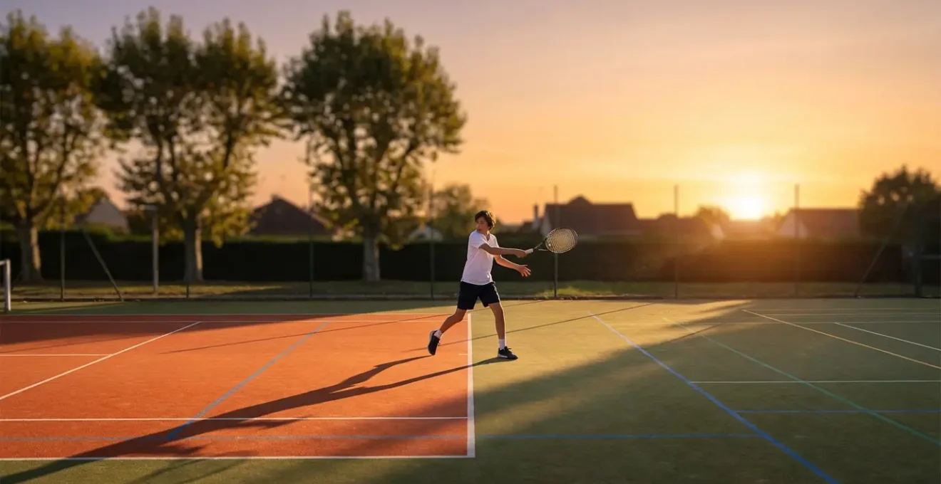 Jeune joueur de tennis sur court de transition, entre terrain orange et court complet
