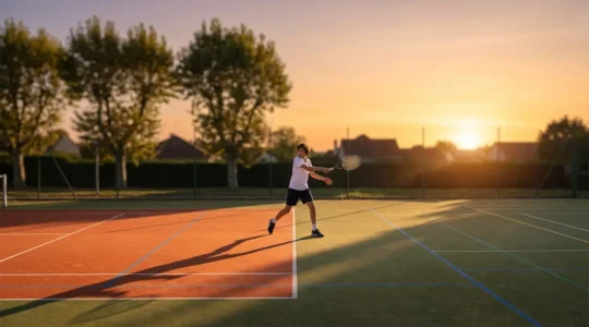 Jeune joueur de tennis sur court de transition, entre terrain orange et court complet