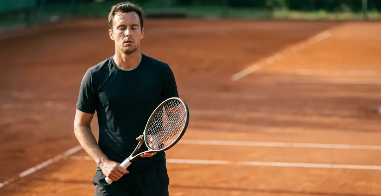 Joueur de tennis concentré en position de service visualisant mentalement sa trajectoire de balle