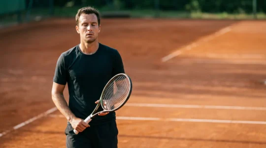 Joueur de tennis concentré en position de service visualisant mentalement sa trajectoire de balle