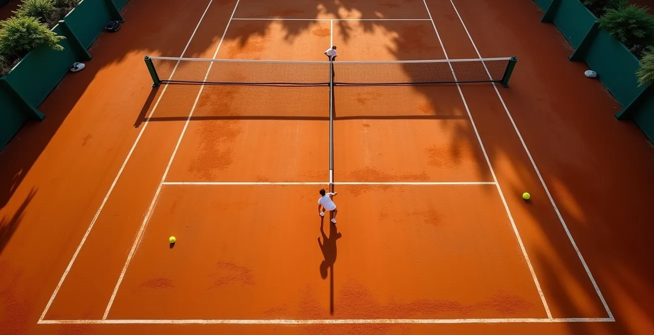Vue aérienne d'un court de tennis avec visualisation de la zone de rendement maximum au centre