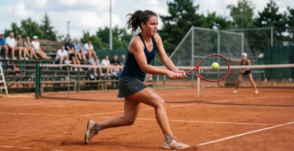Jeune joueur de tennis concentré lors d'un entraînement sur court extérieur Jeune joueur de tennis concentré lors d'un entraînement sur court extérieur