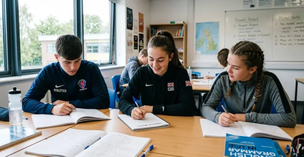 Groupe de jeunes sportifs en cours d'anglais dans un cadre sport-étude structuré Groupe de jeunes sportifs en cours d'anglais dans un cadre sport-étude structuré